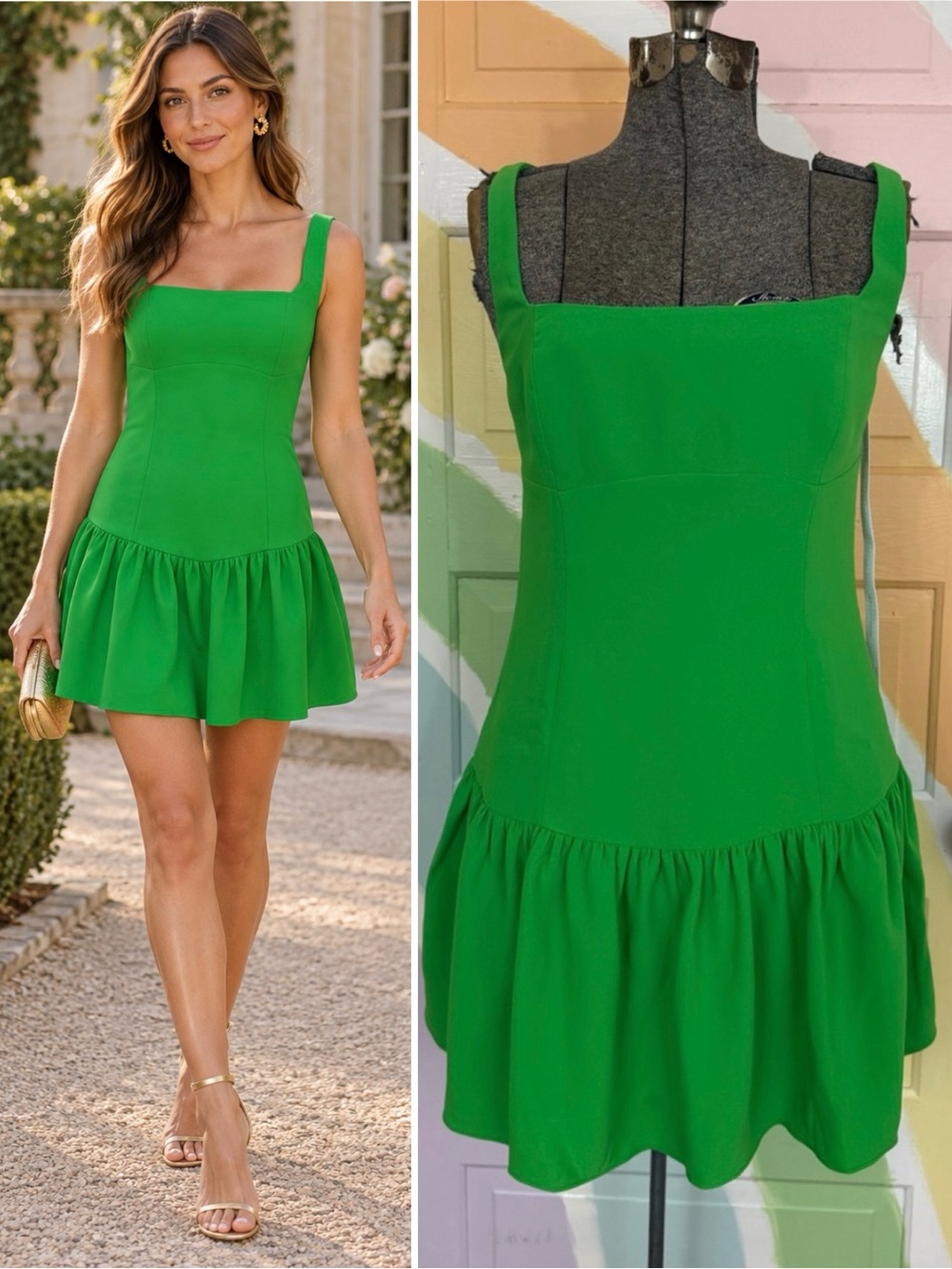NWT Amanda Uprichard Apple Green Drop Waist Square Neck Mini Dress Sz M 🧡🍄